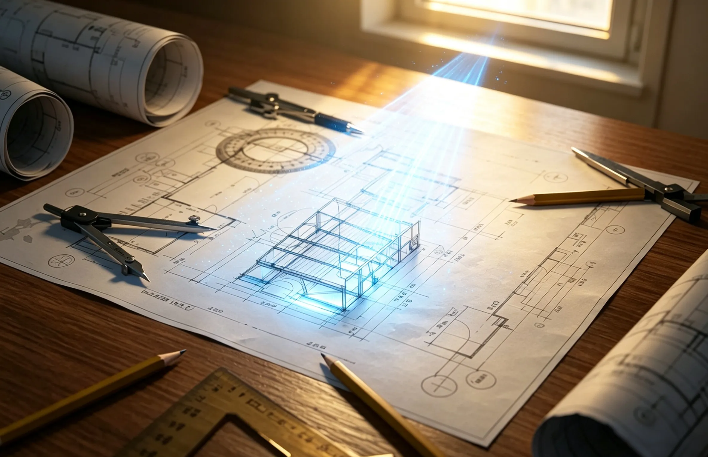 A blueprint on a drafting table with glowing 3D outlines showing floor plan recognition